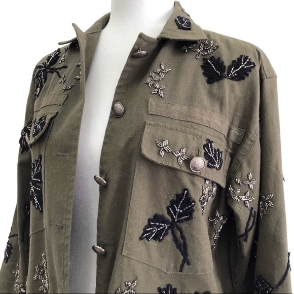 The Kooples Paris Designer Beaded Embroidered Green Parka Coat Women's Jacket S - Picture 2 of 11